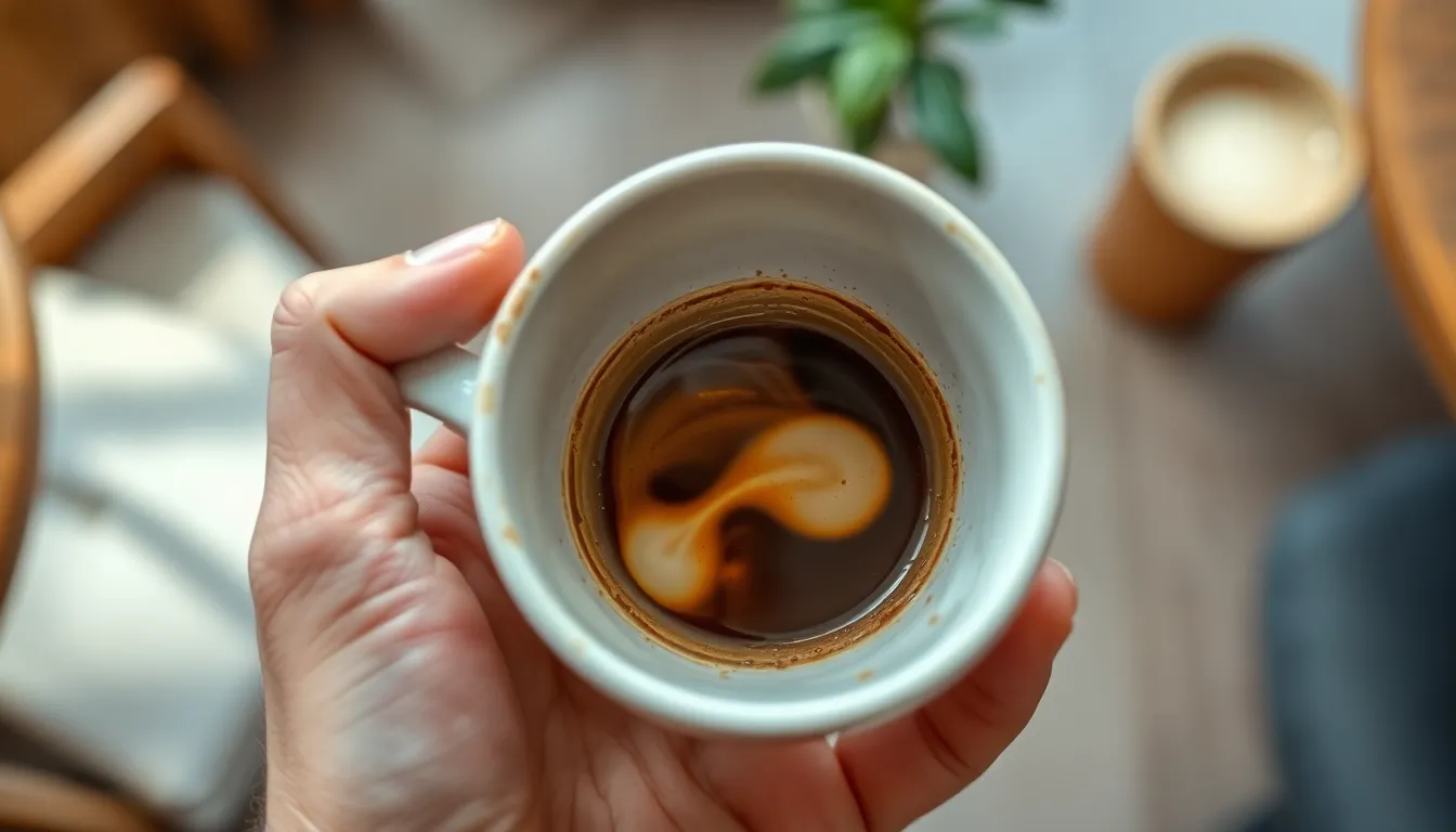 A close-up image of an empty coffee mug held in a hand, showing coffee residue.