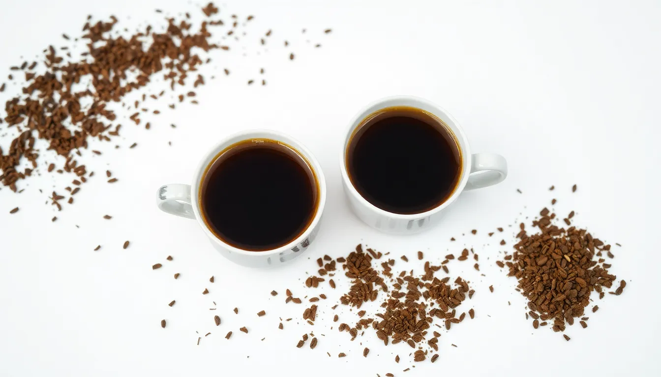 Two coffee cups with scattered grounds on white background. Perfect for beverage themes.
