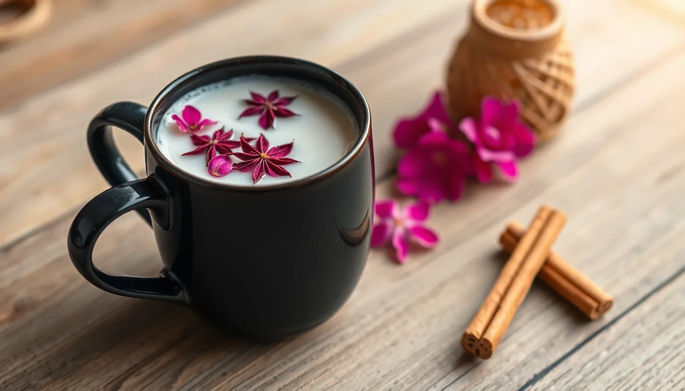 Black mug with spiced milk, cinnamon, and flower petals on a wooden table.