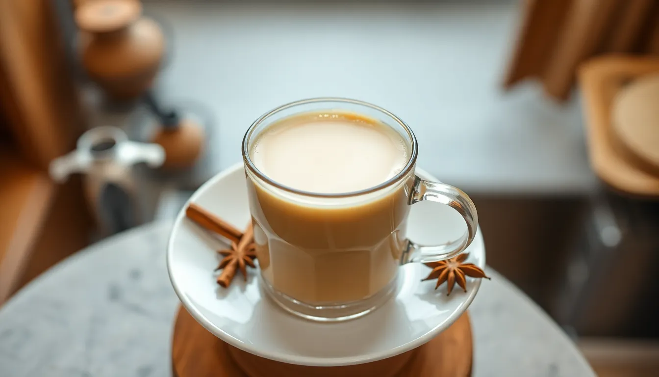 Top view of traditional Indian tea with milk cinnamon sticks and star anise placed on blurred background in light kitchen
