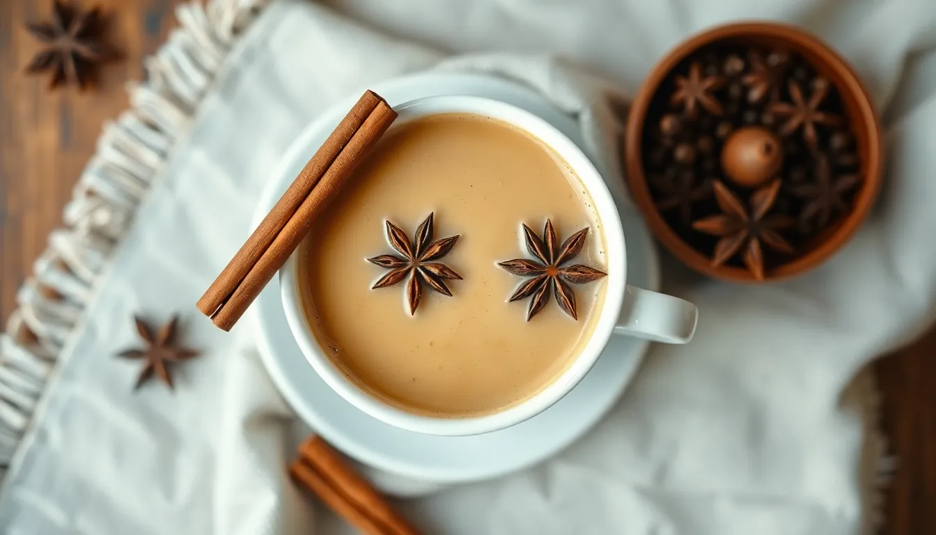 Top view mug of masala chai with milk decorated with cinnamon sticks and anise stars placed on fabric on blurred background