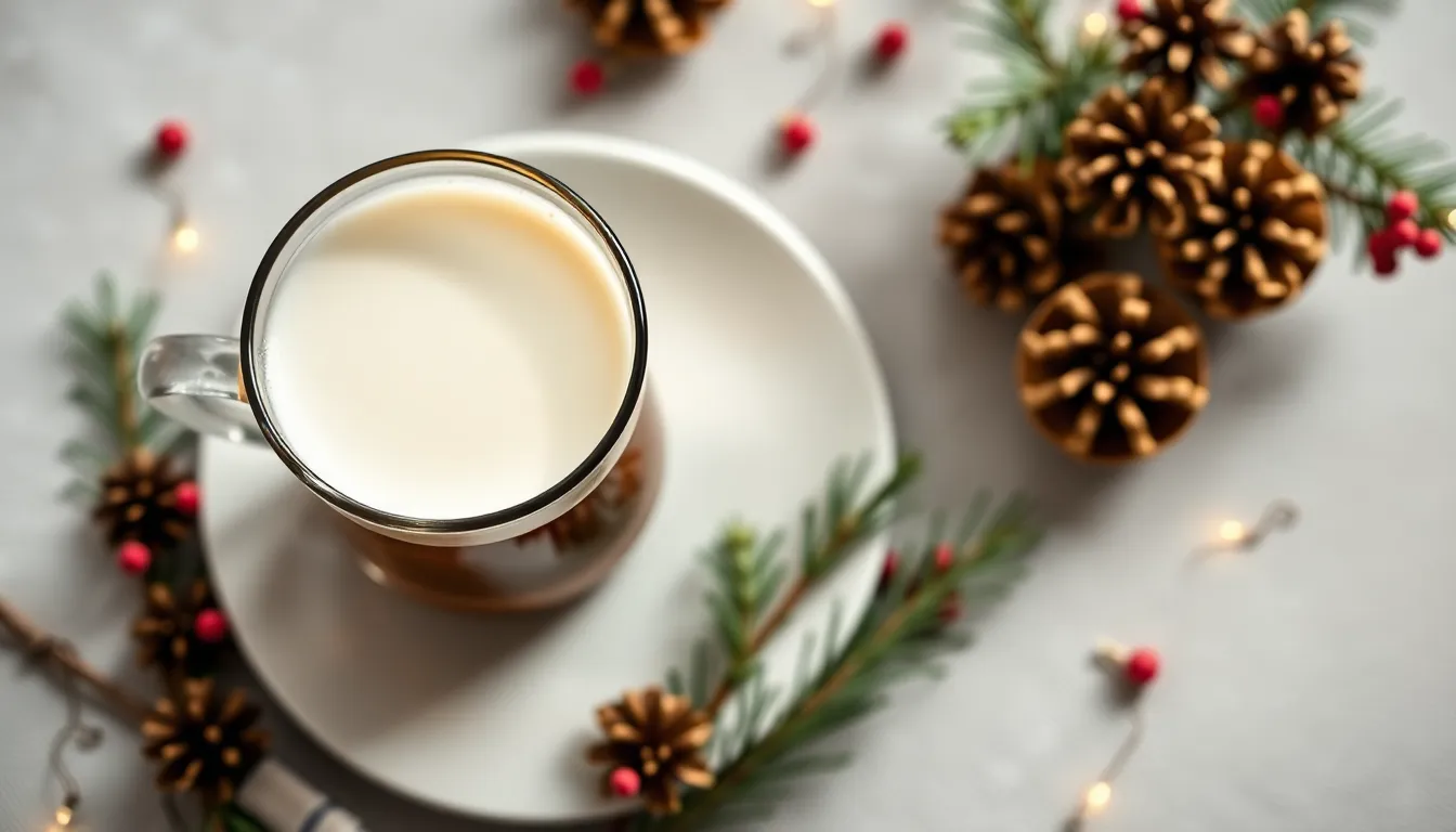 Creative flat lay of glass and mug filled with milk on a festive background.