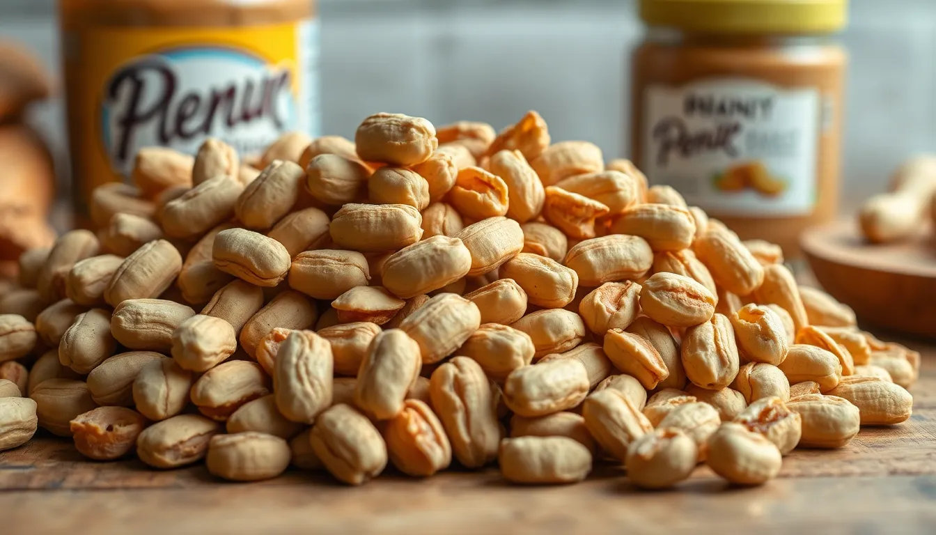 Close-up of shelled peanuts in bulk, showcasing texture for snack or food background.