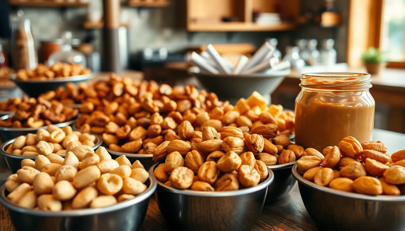 Close-up of roasted nuts in stainless bowls at a market, showcasing a variety of healthy and nutritious snacks.