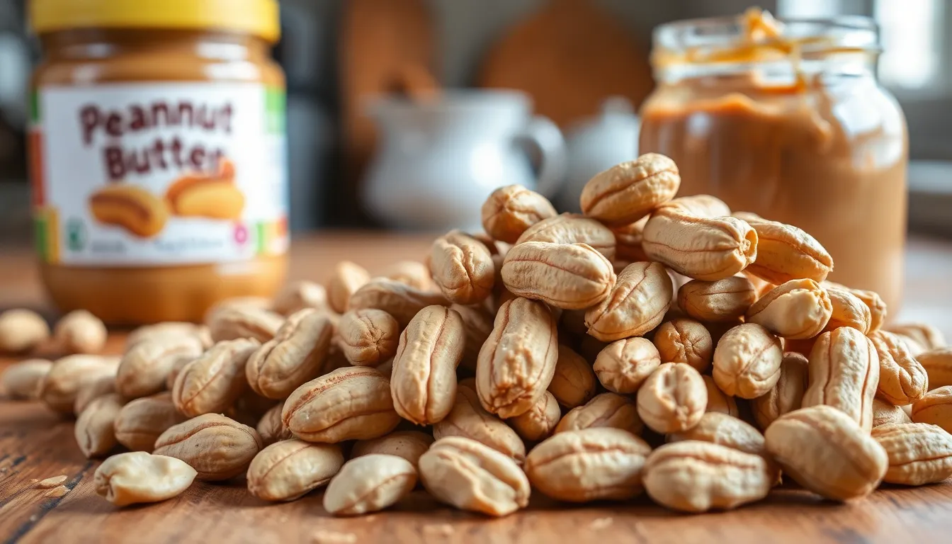 A detailed close-up image of roasted peanuts in their shells, showcasing texture.