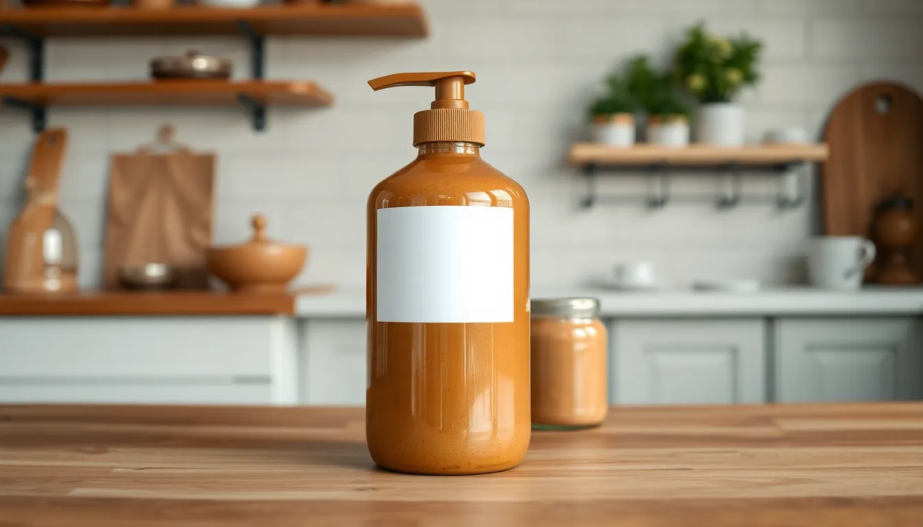 Minimalist display of a brown glass pump bottle with blank label on a light surface.
