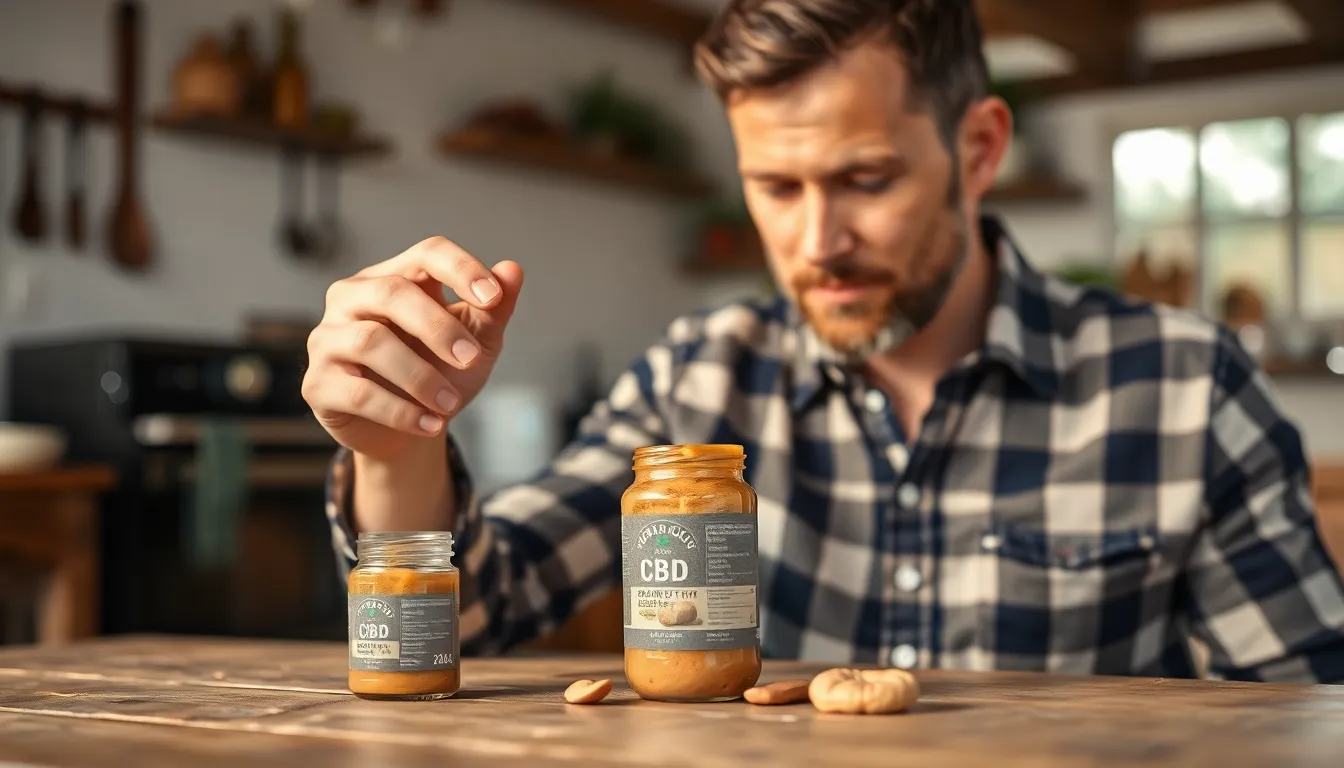 Adult man examining the label of a CBD product outdoors, showcasing wellness focus.