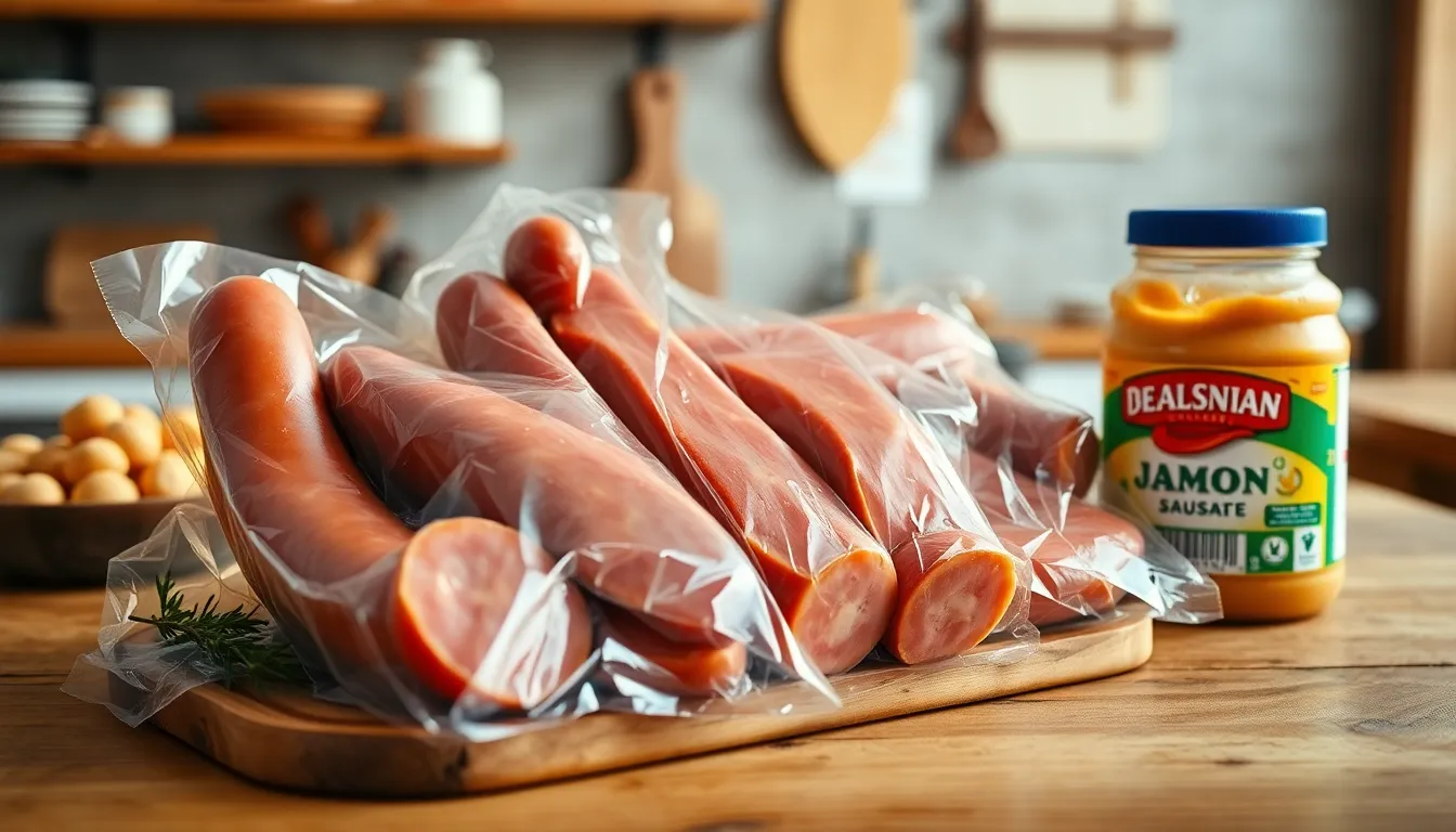 Close-up view of Spanish cured meats like jamón and sausages in plastic packaging, ready for sale.