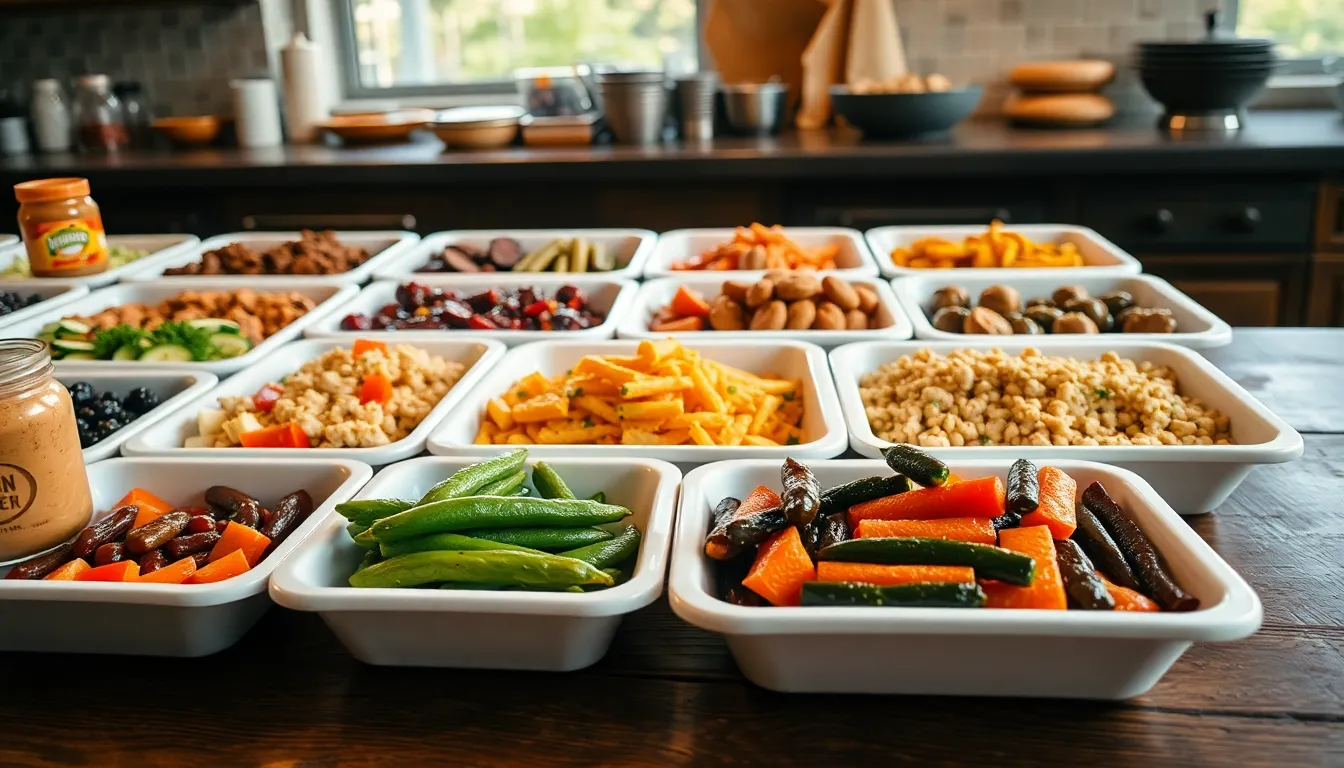 A variety of marinated and prepared foods displayed in white trays at a deli counter.