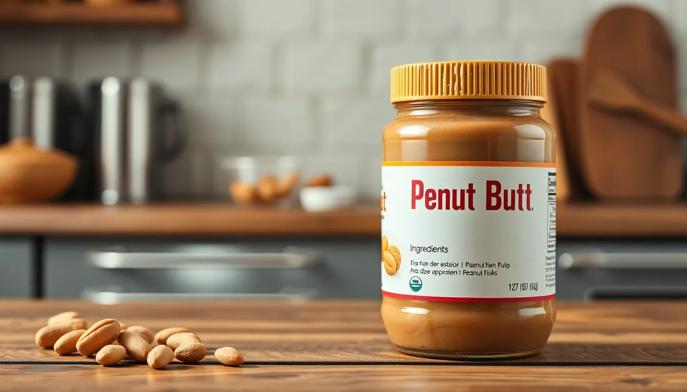 A jar of peanut butter with a knife in a sunlit kitchen, showcasing natural textures and lighting.