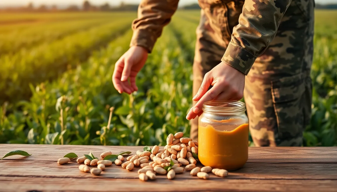 An adult farmer in camouflage pants harvests peanuts by hand in a green field.
