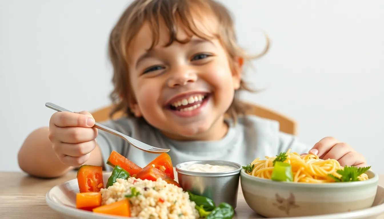 A cheerful child eagerly eating a healthy meal with vegetables and dip, creating a joyful moment.