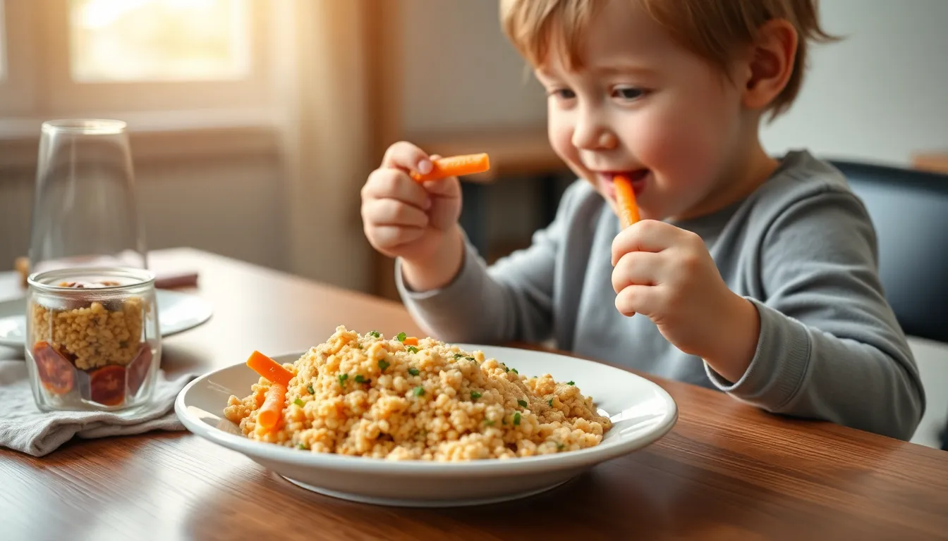 A young child playfully munching on carrot sticks at a dining table.