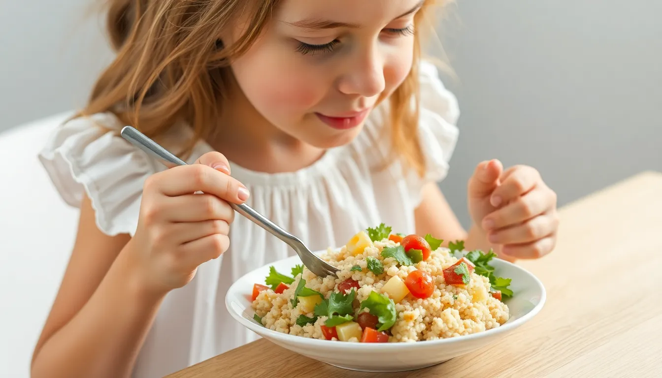A young girl in a white dress enjoys a healthy salad with fresh vegetables on a plate.
