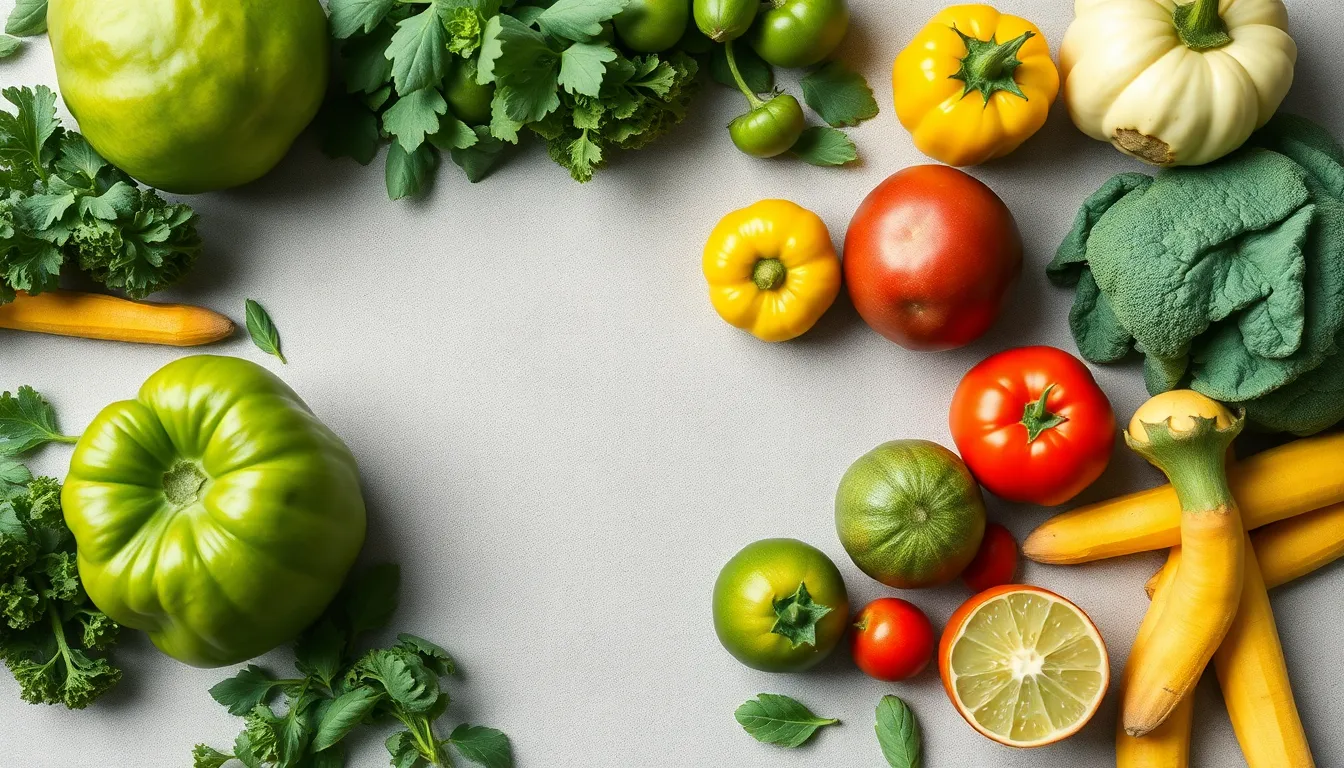 An artistic flat lay of green fruits and vegetables with ample copy space on a textured background.
