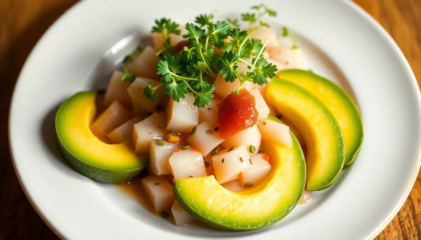Elegant plate of ceviche garnished with avocado slices, caviar, and microgreens.