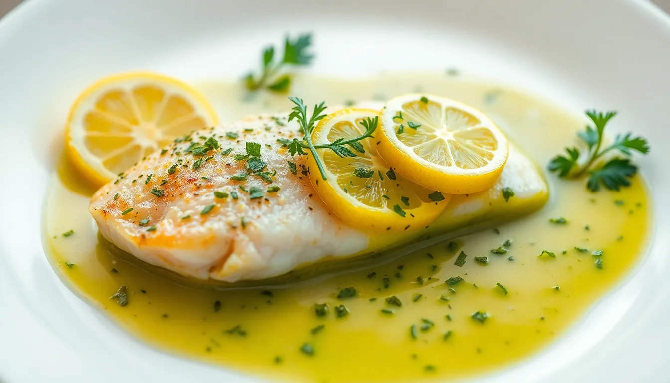 Elegant presentation of a fish fillet with lemon and herbs in a vibrant green sauce.