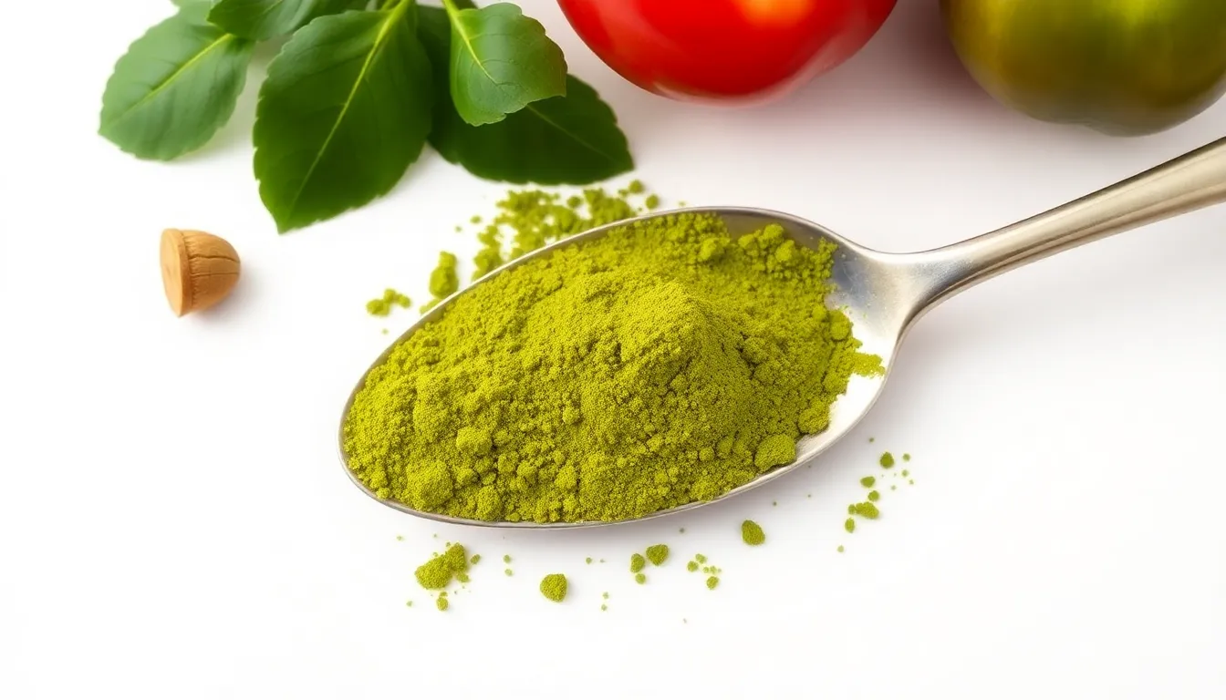 Top view of organic matcha powder on a silver spoon with a white background.