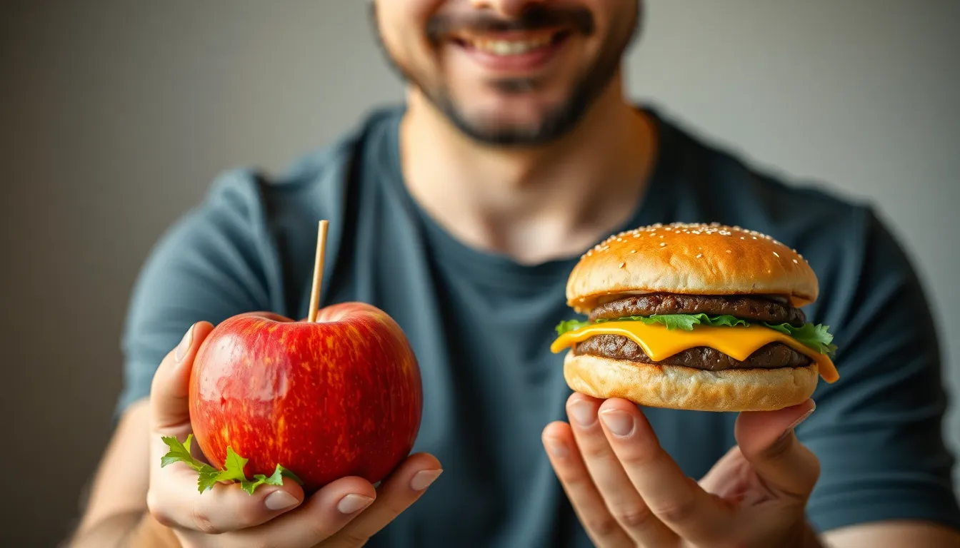 A man holds an apple and a cheeseburger, showcasing a choice between healthy and unhealthy food.