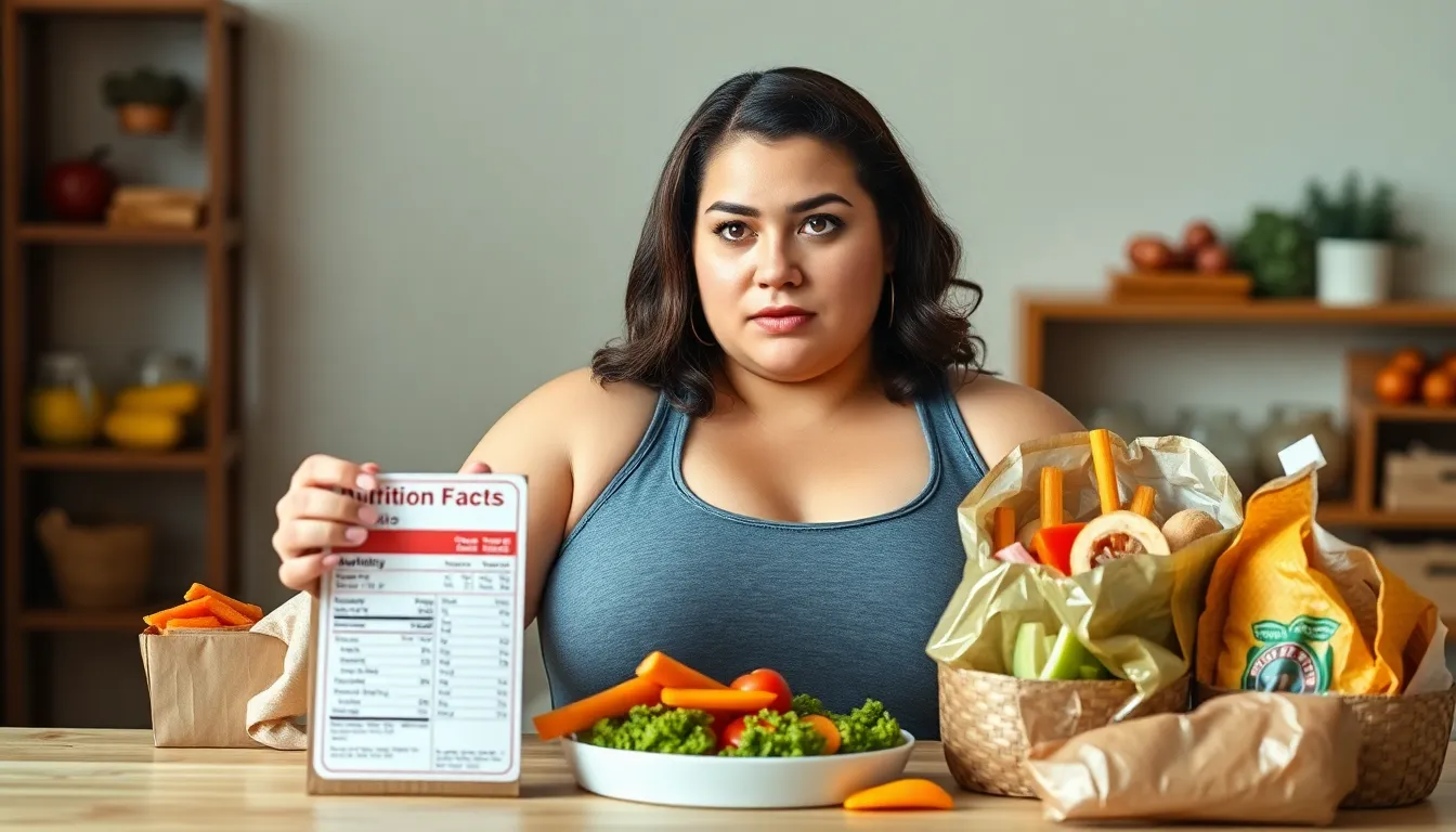 Concentrated young plus size female in sportswear looking at camera and showing healthy and junk food while making difficult choice