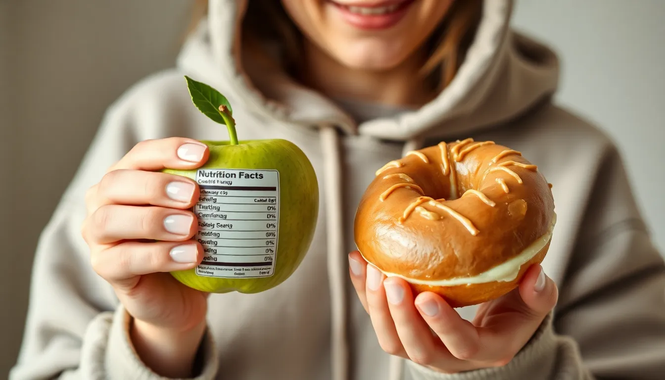 Crop unrecognizable female in loose hoodie showing healthy green apple and sweet delicious donut