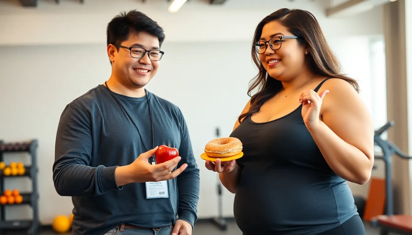 Side view of Asian personal instructor with apple and doughnut offering healthy food to plus size woman while standing in gym
