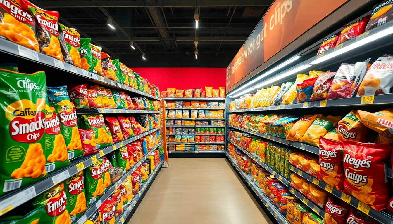 Wide shot of vibrant snack aisle in a supermarket with various chip bags on display.