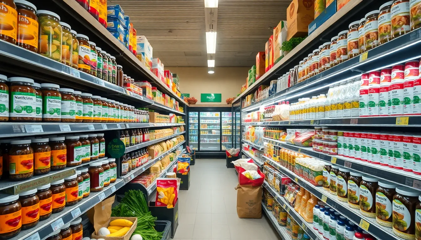Wide view of a fully stocked supermarket aisle with jars and various products on shelves.