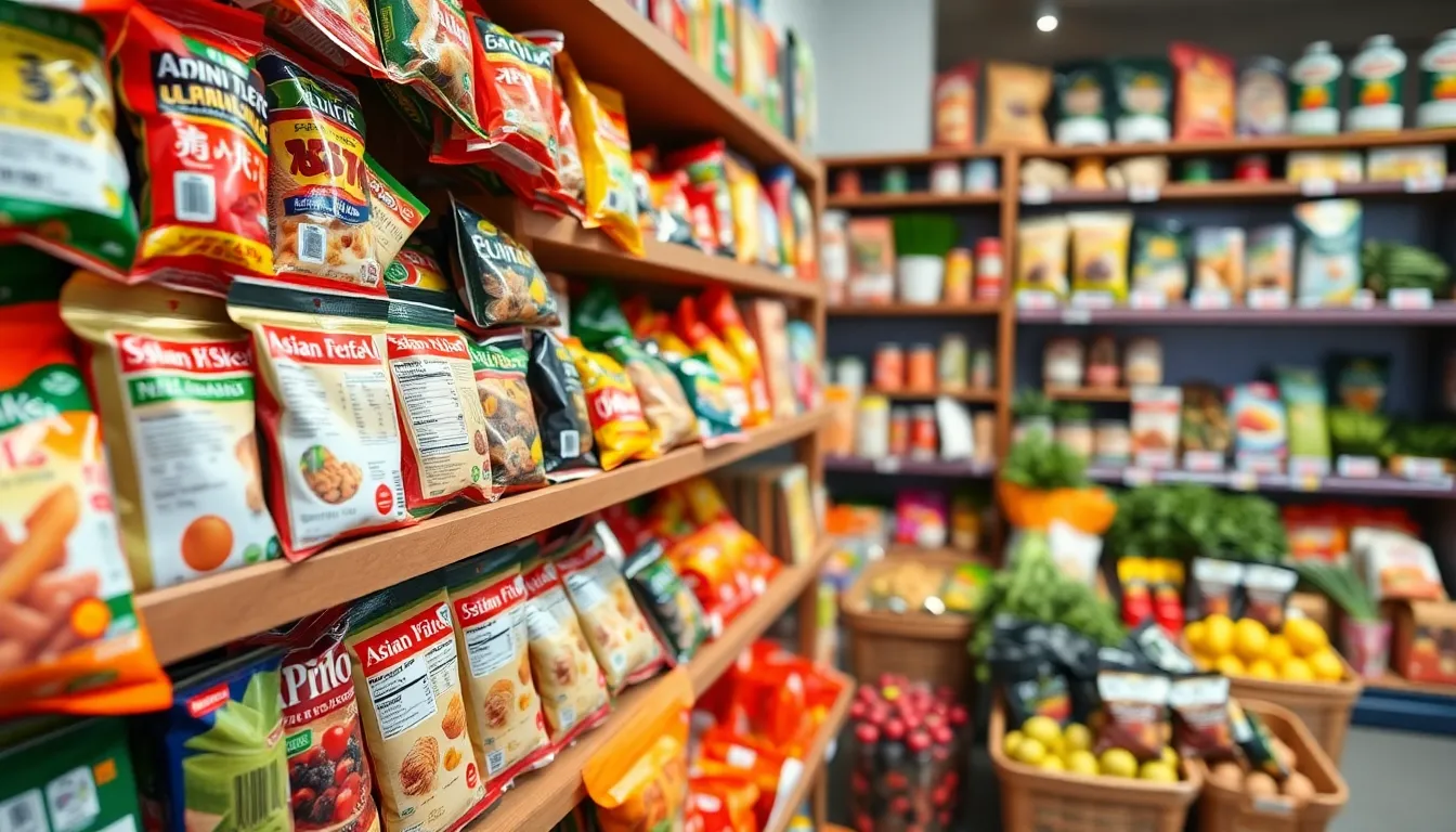 Shelf packed with diverse Asian snacks and groceries in an inviting store setting.