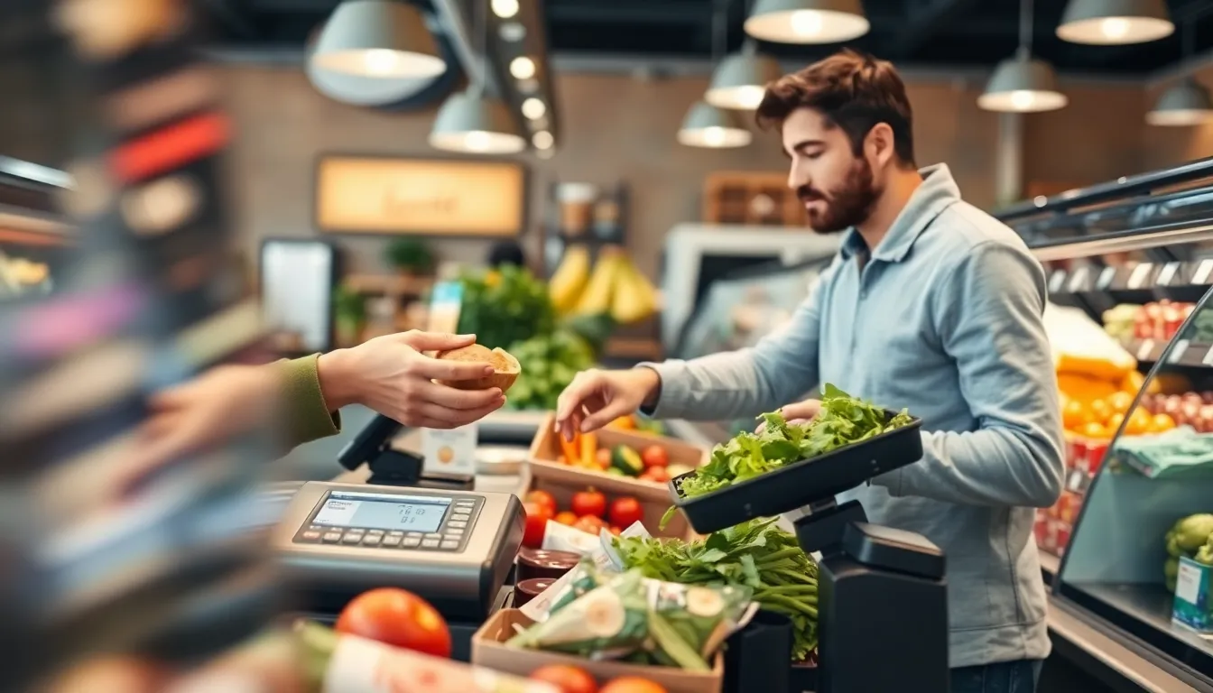 Customer purchasing a meal at a deli counter, showcasing food weighing and transaction exchange.