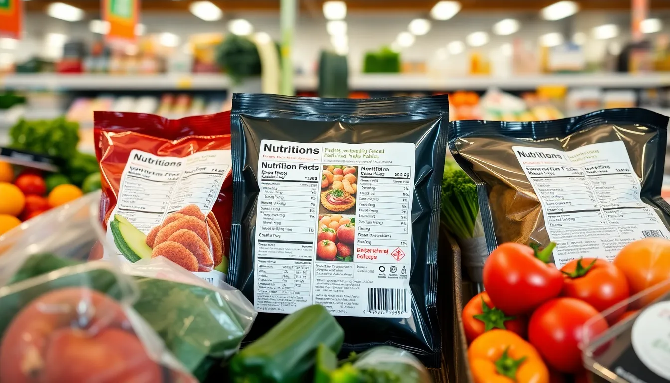 Supermarket food packages showing front-of-pack nutrition label information