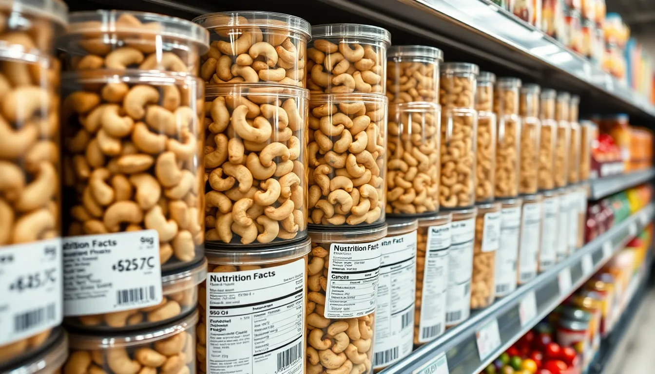 Neatly stacked transparent containers of roasted cashew nuts in a supermarket shelf.