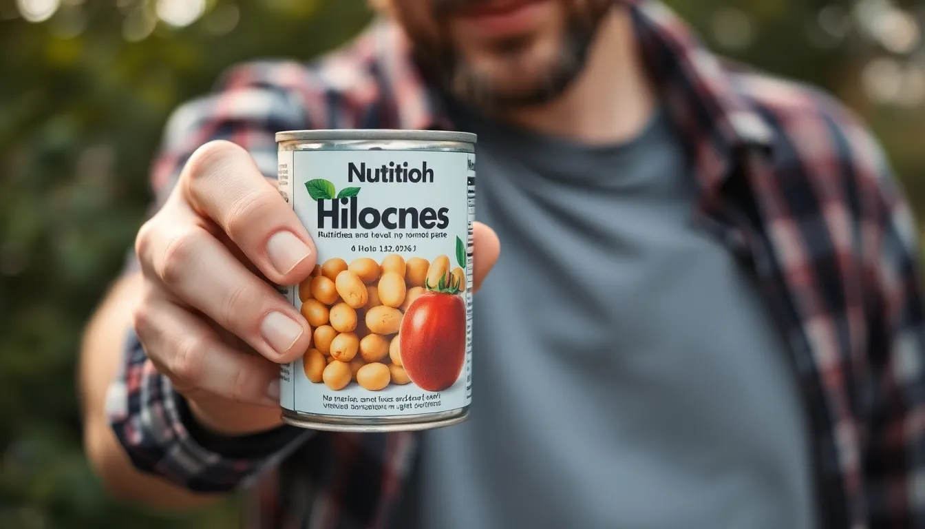 Close-up shot of a man holding a can of beans and tomato paste in an outdoor setting.