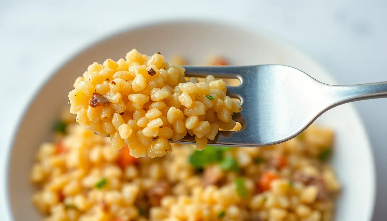 Vertical shot of a fork with homemade couscous, showcasing a delicious, detailed texture.