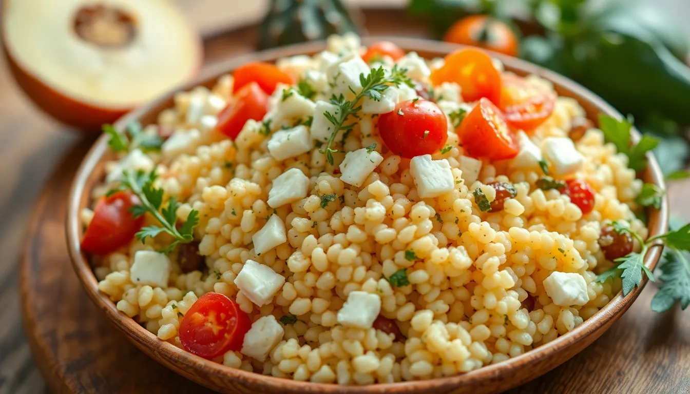 Delicious couscous salad topped with cheese and herbs. A perfect homemade dish featuring fresh ingredients.