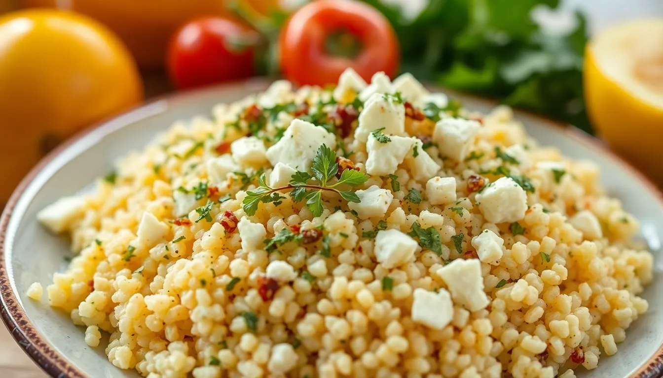 Delicious couscous with crumbled cheese and herbs served on a plate.
