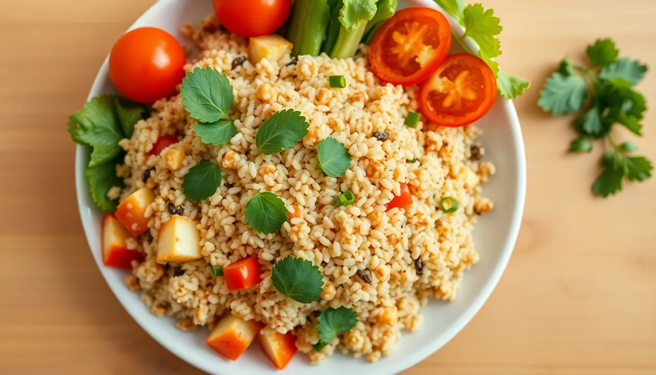 Top-down view of a nutritious bulgur salad with fresh vegetables served on a white plate.