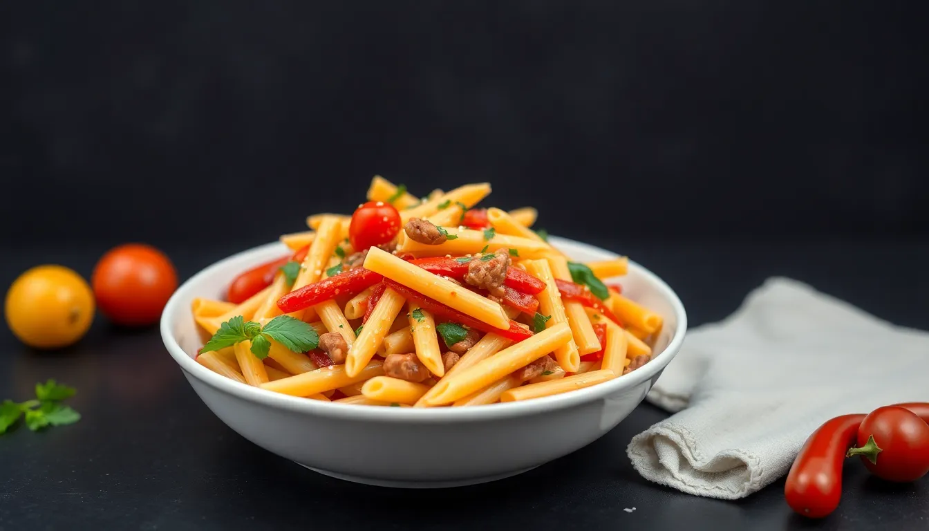Vibrant penne pasta with vegetables in a white plate, set against a dark backdrop.