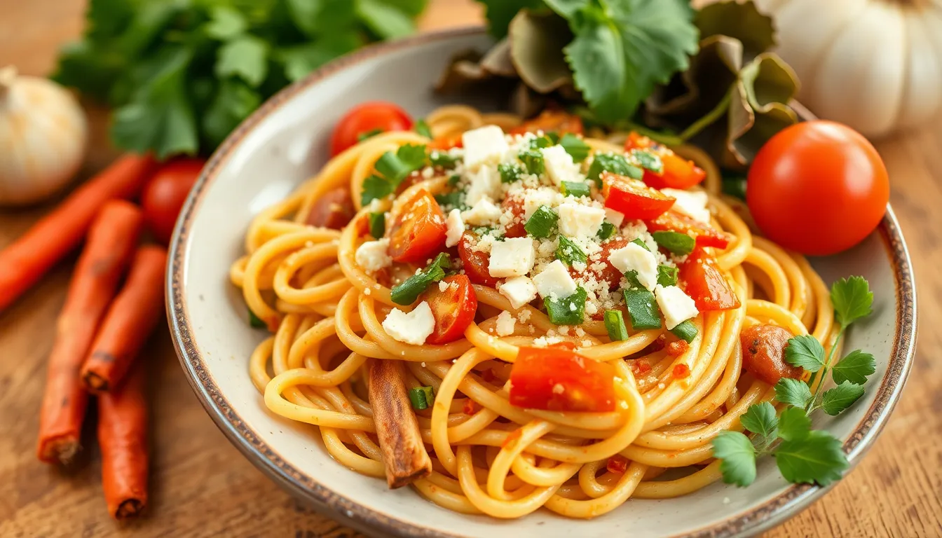 Enjoy a hearty pasta meal topped with fresh vegetables and cheese, perfect for lunch or dinner.