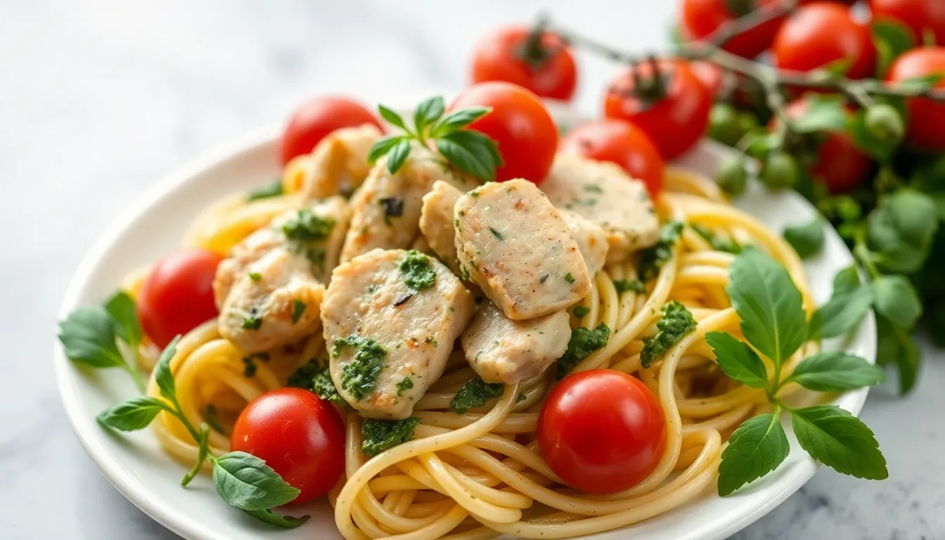 Savor a plate of chicken pesto pasta topped with fresh herbs and juicy cherry tomatoes.