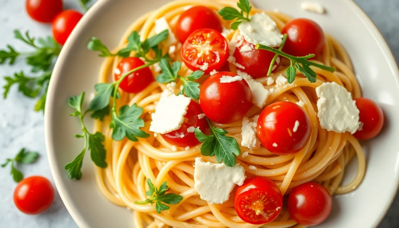 Delicious pasta with cherry tomatoes, arugula, and Parmesan cheese.