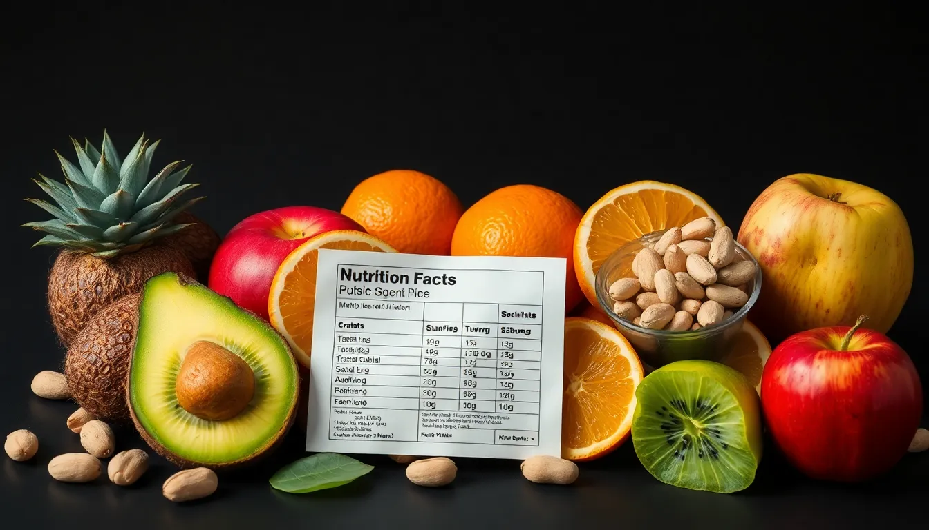 A vibrant arrangement of fruits and nuts on a black background featuring kiwi, avocado, oranges, apple, and peanuts.