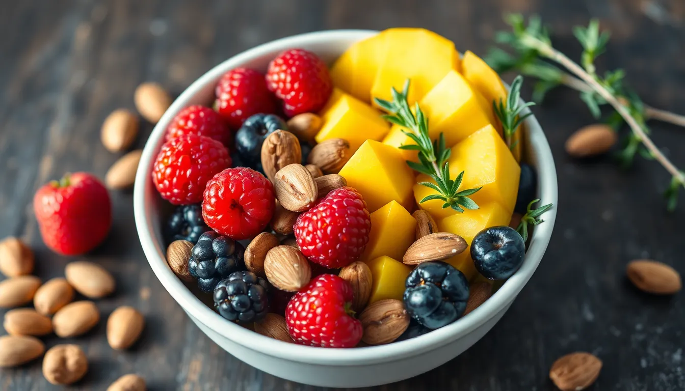 A vibrant bowl filled with fresh berries, mango, almonds, and herbs, perfect for a healthy snack or breakfast.