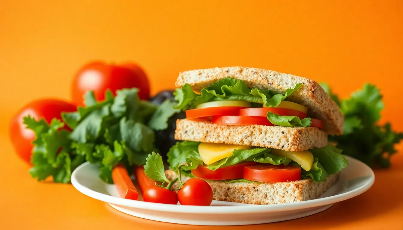 Delicious sandwich with fresh vegetables on a plate against an orange background.