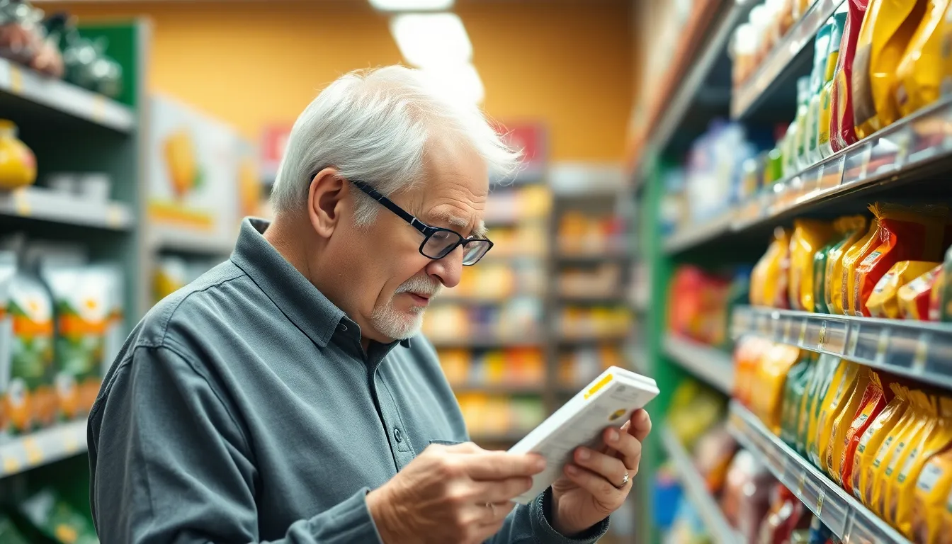 Elderly man examines product in grocery store aisle, representing daily shopping routine.