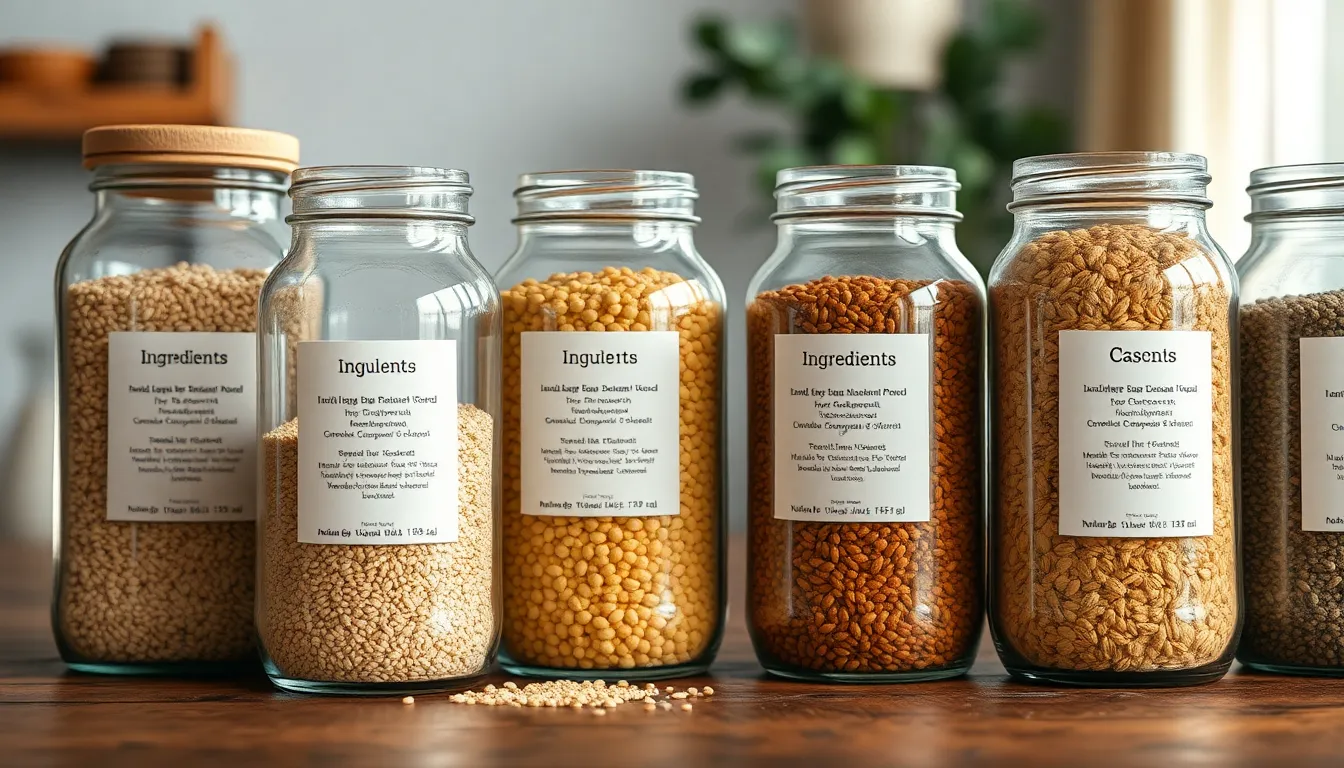 Close-up of labeled glass jars containing various grains and seeds on a wooden table.