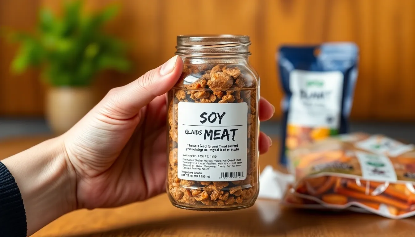 A hand holding a labeled glass jar filled with soy meat, placed on a table with a blurred background.