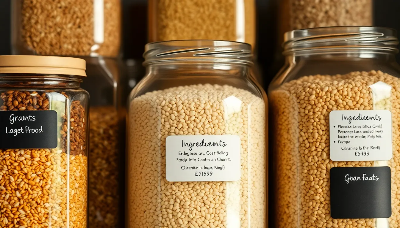 Close-up of various grains in labeled glass jars for kitchen storage.