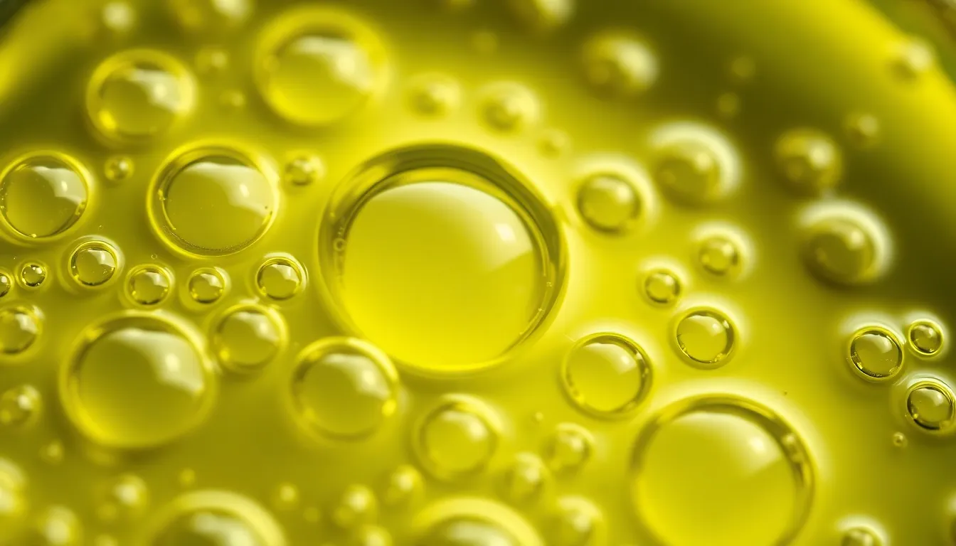 Close-up macro shot of green oil and water bubbles creating a unique abstract pattern.