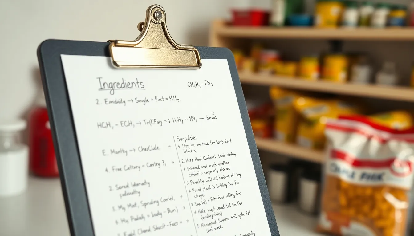 A close-up view of handwritten chemical formulas on a clipboard in a lab setting.